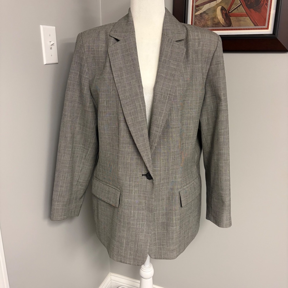 Pendleton Plus Grey Glen Plaid Virgin Wool Blazer Jacket Size 14W Made in USA